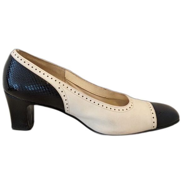 Vtg. 40s AirStep Snakeprint Spectator Cuban Heel Mid Height Pumps, Sz. 6 / 6.5 - Picture 3 of 14